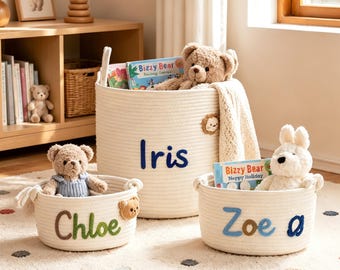 Personalized Rope Storage Basket, Custom Chunky Yarn Name Bin for Dog Toys or Nursery Essentials, Boho Cotton Organizer