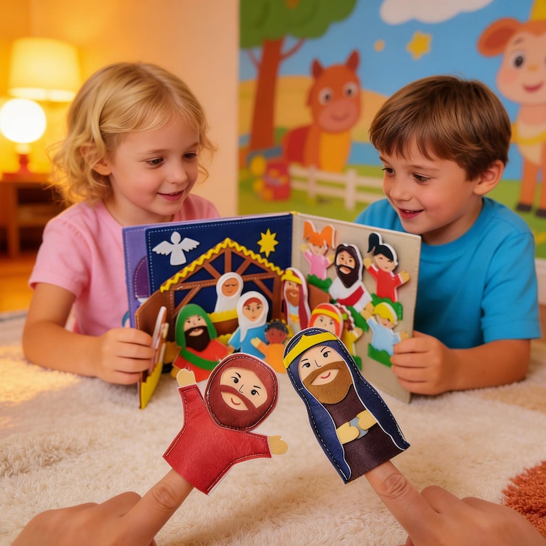 May include: Two children are looking at a felt book with finger puppets. The book depicts a nativity scene with felt figures. The finger puppets are of religious figures. The background has a cartoon mural.