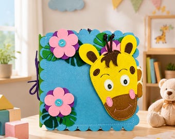 Handmade Giraffe Felt Quiet Book for Toddlers, Montessori Busy Book, Sensory Activity Book, Travel Toy for 1-4 Years