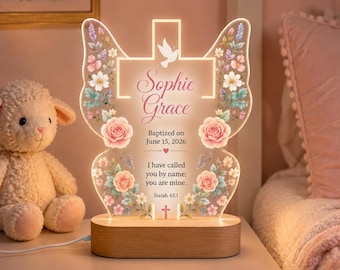 Baptism night light, baby name LED acrylic lamp, baptism dedication gift, christening keepsake