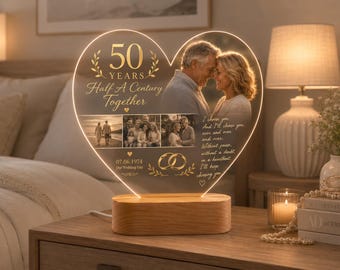 Regalo per il 50° anniversario di matrimonio, luce notturna personalizzata per la coppia, cornice portafoto, ricordo di nozze per i genitori.