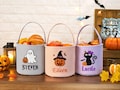 Personalized Seersucker Halloween Trick or Treat Basket, Kids Candy Bucket, Embroidered Name Bag, Kids Halloween Gift