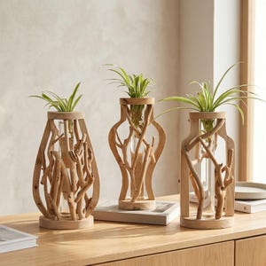Ręcznie robiony rustykalny drewniany stojak do rozmnażania roślin, wazon z probówką, hydroponiczna doniczka, szklane terrarium, dekoracja biurka w stylu boho, prezent dla miłośnika roślin