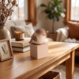 May include: A small, hand-carved wooden bird figurine with a smooth, rounded body, featuring soft brown and cream tones, perched atop a plain, light-colored wooden cube block. The bird has simple, carved wing details and a small, dark beak.