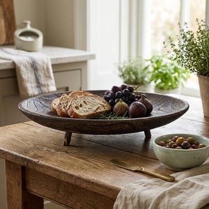 May include: A dark brown, shallow wooden bowl with three short legs, holding slices of crusty bread, dark purple grapes, and fresh figs. A small light green bowl filled with olives and a gold-toned metal spreader knife sit nearby on a wooden surface.