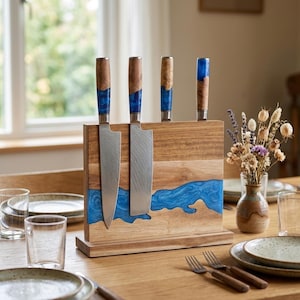Custom Engraved Wood Epoxy Resin River Magnetic Knife Holder Standing Countertop Knife Storage Housewarming Chef Wedding Gift 11.8"×9.8"