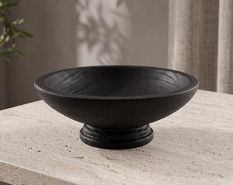 Tigela decorativa de madeira com pedestal, bandeja de frutas vintage Wabi Sabi em madeira maciça, travessa para armazenamento de mesa para sala de estar, decoração de casa