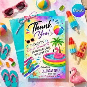 Puede incluir: Una colorida tarjeta de agradecimiento con temática veraniega con la frase "Thank You!". La tarjeta presenta un flamenco en una piscina, gafas de sol y pelotas de playa. También se ven gafas de sol rosas, chanclas y ositos de goma.