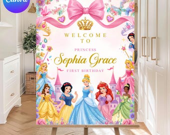 Princesses Birthday Welcome Sign Template | Editable Printable Party Sign | Canva Digital Download | Girl Birthday Decoration. DIY Template