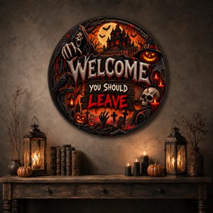 Op de afbeelding: Een rond wandbord met een griezelige Halloween-scène met een Magere Hein, een spookhuis, een schedel en pompoenen. De tekst WELCOME YOU SHOULD LEAVE staat in dikke, verweerde letters tegen een donkere, vurig oranje achtergrond.