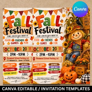 Könnte beinhalten: Eine Einladungsvorlage für ein Herbstfest mit einer Vogelscheuche, Kürbissen und Herbstblättern. Der Text lautet Fall Festival, October 20th, 2pm-10pm, Pinewood School Parking Lot, 777 Halloween Dr., Denver, CO 55555, inklusive Aktivitäten.