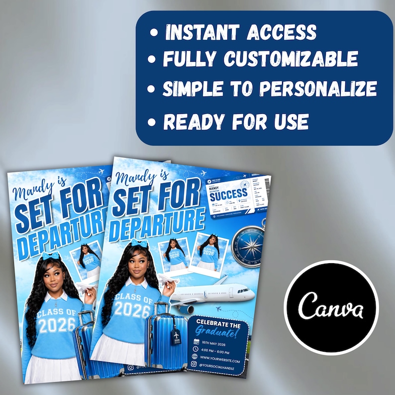 Flight Themed Graduation Flyer Template, Going Places Grad Invite, Class of 2026 Travel Graduation, Canva Editable Grad Party Flyer