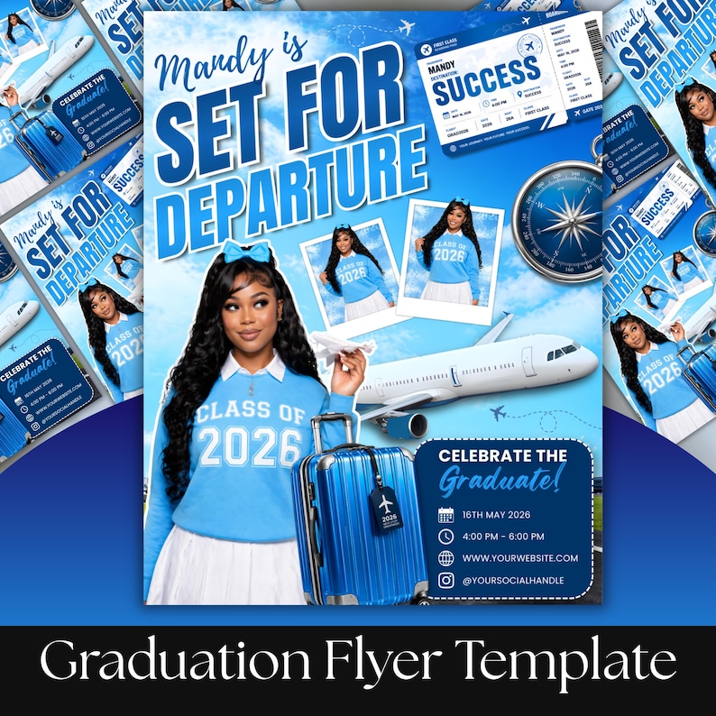 Flight Themed Graduation Flyer Template, Going Places Grad Invite, Class of 2026 Travel Graduation, Canva Editable Grad Party Flyer