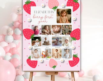 Sjabloon fotocollage eerste verjaardag Berry, poster 1e verjaardag aardbei, mijlpaalbord voor één jaar, babyfotoposter, canvas