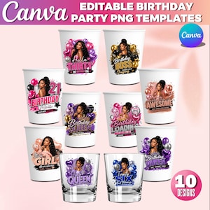 May include: A collection of ten birthday party PNG templates. The designs feature illustrations of women with balloons and text such as "Hello Thirty", "Birthday Boss", and "Birthday Queen". The templates are for use with Canva.