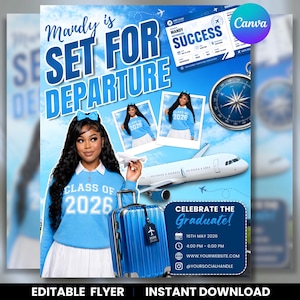 Flight Themed Graduation Flyer Template, Going Places Grad Invite, Class of 2026 Travel Graduation, Canva Editable Grad Party Flyer