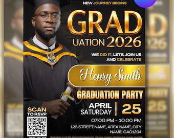 Invitación de graduación dorada de la clase de 2026, editable estilo revista, fiesta de graduación de preparatoria para chicos negros, Canva editable