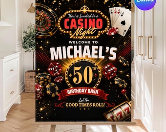 Casino Birthday, Welcome Sign, Las Vegas Party Sign Template, Editable Custom Party Sign, Birthday Entrance Poster, Canva Template,