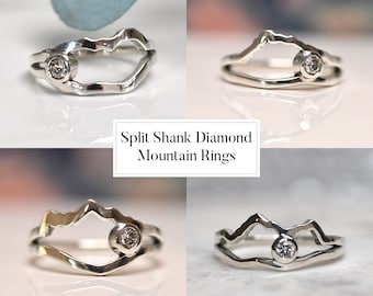 Diamond Mountain Ring, Split Shank Ring, Sterling Silver Ring, Nature Jewelry
