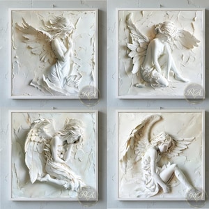 May include: Four white relief sculptures of angels in white frames. Each angel is depicted in a different pose, with detailed wings and flowing garments. The sculptures have a textured background, and the frames are square.