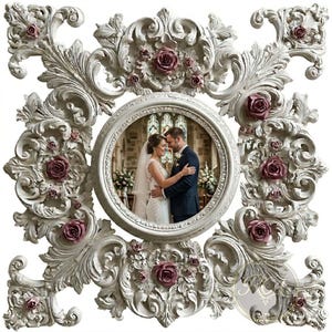 May include: Ornate white picture frame with a circular center, featuring a couple embracing. The frame is decorated with sculpted floral and leaf designs, accented with burgundy roses. A romantic wedding theme.