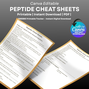 May include: A digital download product featuring Canva-editable peptide cheat sheets. The sheets cover weight loss, appetite control, and metabolic regulation. The design includes the text "Printable | Instant Download | PDF" and a call to "edit in Canva".