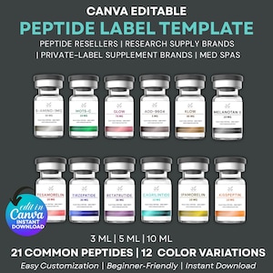 以下が含まれることがあります： Canvaで編集可能なペプチドラベルテンプレート。複数のバイアルが表示されています。テンプレートには、21種類の一般的なペプチドと12色のバリエーションが含まれています。「Peptide Resellers」と「Instant Download」のテキストが含まれています。