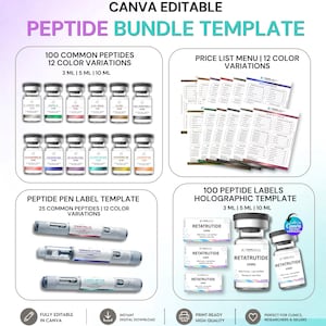 May include: A Canva editable peptide bundle template featuring 100 common peptides in 12 color variations for 3 ml, 5 ml, and 10 ml vials. Includes price list menus, peptide pen label templates, and holographic peptide labels with text for research use.