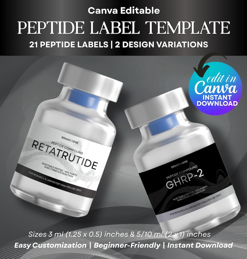 Peptide Vial Label Template, Retatrutide Peptide Labels, Custom Label ...