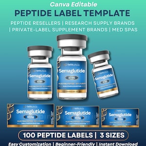Op de afbeelding: Een bewerkbaar Canva-sjabloon voor peptide-etiketten met drie glazen flesjes met zwarte doppen en drie rechthoekige etiketten. Elk etiket is blauw met gouden accenten en toont de tekst Semaglutide, 10 MG, Injectable Peptide, 99% Purity.