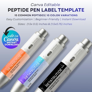 以下が含まれることがあります： ペプチドペンラベルのテンプレートで、オレンジ、青、黒のラベルが付いた3本のペンが特徴です。「RETATRUTIDE」の文字と測定値が含まれています。テンプレートはCanvaで編集可能で、15種類のペプチドと10色のバリエーションを提供しています。