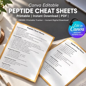 Può includere: Due fogli di modelli digitali bianchi intitolati Peptide Cheat Sheets con testo nero, contenenti sezioni su informazioni generali, peptidi, dosaggio, ricostituzione e linee guida di conservazione, con un badge circolare Edit in Canva.