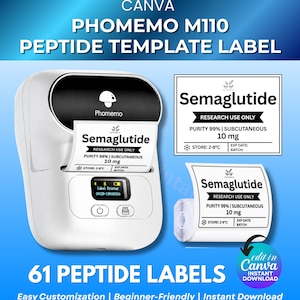 Op de afbeelding: Een witte Phomemo M110 labelprinter met een zwarte bovenkant, die labels afdrukt met de tekst "Semaglutide". De labels bevatten details zoals "Research Use Only" en "10 mg". De afbeelding toont ook een rol labels en de tekst "61 Peptide Labels".