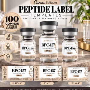 May include: A set of three clear glass vials with black caps, each labelled BPC-157 5MG, displayed alongside three rectangular label templates in sizes 5.7 x 2.5 cm, 5.1 x 2.5 cm, and 3.8 x 1.8 cm, featuring text about peptide lab templates.