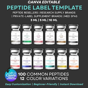 May include: A dark grey graphic showing a peptide label template with multiple vials of different peptides. Text includes "CANVA EDITABLE," "PEPTIDE LABEL TEMPLATE," and "100 COMMON PEPTIDES, 12 COLOUR VARIATIONS." The vials are labelled with names and dosages.