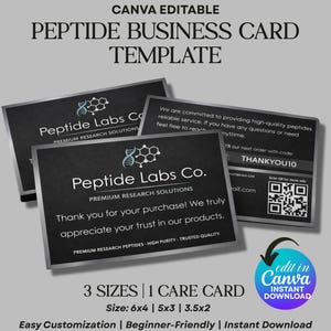 Puede incluir: Una plantilla de tarjeta de presentación con fondo negro y texto blanco. La tarjeta presenta el texto "Peptide Labs Co." y "Premium Research Solutions." La imagen también incluye el texto "3 tamaños | 1 tarjeta de cuidado" y "Editar en Canva Descarga instantánea."