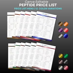 May include: A stack of white price list menus with the text "Canva Editable PEPTIDE PRICE LIST" and "PRICE LIST MENU | 12 COLOR VARIATIONS". The menus have a blue header and a list of services.