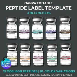 Può includere: Un modello di etichetta per peptidi modificabile su Canva con più flaconi con etichette. Le etichette mostrano nomi come Semaglutide e Tirzepatide, insieme ai dosaggi. Il modello offre 21 opzioni di peptidi e 10 varianti di colore.