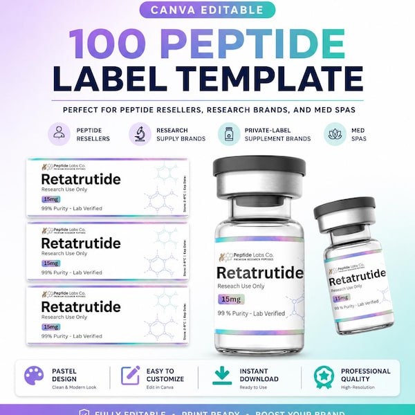 Vorlage für Etiketten für Peptid-Ampullen, bearbeitbare Etikettenvorlage zum Ausdrucken, Retatrutid-Etiketten zum Ausdrucken, DIY-Canva-Vorlagen, 3 Größen, digitaler Download