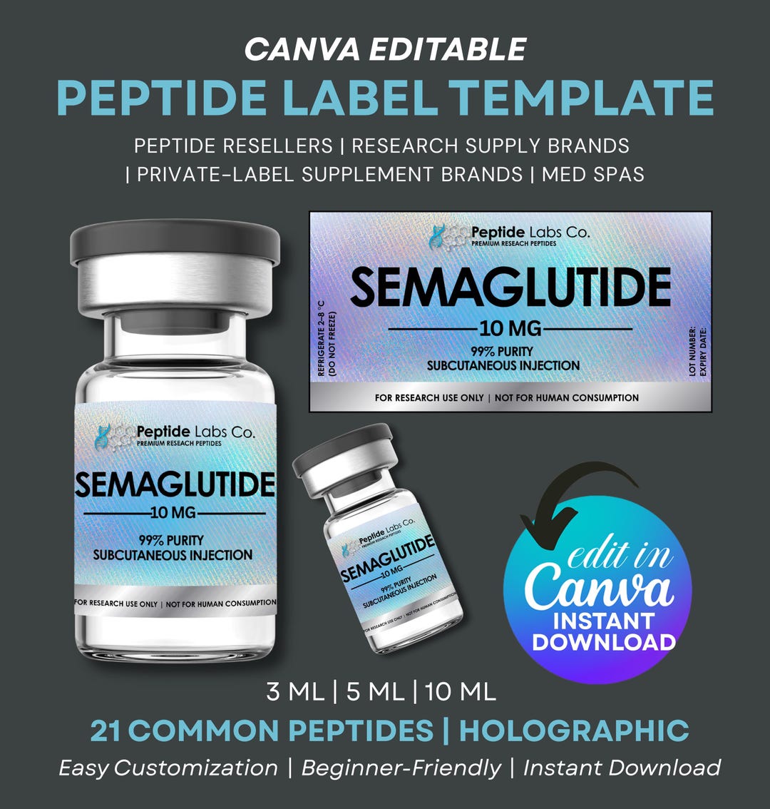Peptide Vial Label Template, Holographic Peptide Labels, Editable ...