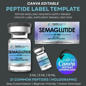 以下が含まれることがあります： Canvaで編集可能なペプチドのラベルテンプレート。バイアルと箱に「SEMAGLUTIDE -10 MG」の文字。ラベルには「99％純度皮下注射」と「研究用のみ」と記載。画像には「3 ML | 5 ML | 10 ML」も含まれています。