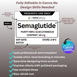 May include: A white and black label design for Semaglutide, with text including "RESEARCH USE ONLY" and "CONTENT: 10 mg." The design is fully editable in Canva and measures 40x30 mm.