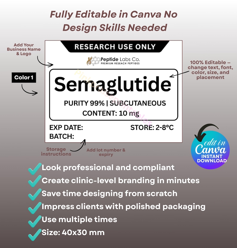 May include: A white and black label design for Semaglutide, with text including "RESEARCH USE ONLY" and "CONTENT: 10 mg." The design is fully editable in Canva and measures 40x30 mm.