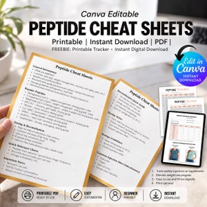May include: Canva editable peptide cheat sheets and tracker in PDF format. The documents feature black text on white paper with gold borders, detailing general information, popular peptides, dosing, reconstitution, and storage guidelines.