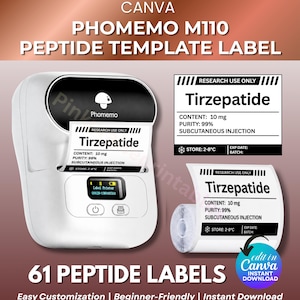 Op de afbeelding: Een witte Phomemo M110 labelprinter met een zwart display, die labels afdrukt met de tekst "Tirzepatide". De labels bevatten ook de tekst "Content: 10 mg, Purity: 99%, Subcutaneous Injection". De afbeelding bevat de tekst "61 Peptide Labels".