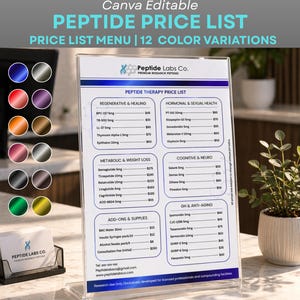 May include: A clear acrylic display featuring a "PEPTIDE PRICE LIST" with various peptide therapy options. The list includes prices for regenerative healing, hormonal health, metabolic weight loss, and more. The display also shows a color palette.