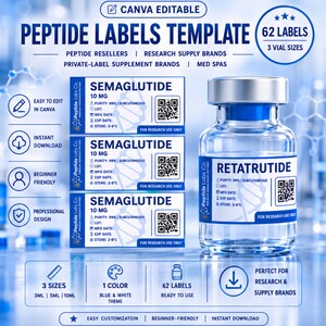 May include: A blue and white template for peptide labels, with the text "PEPTIDE LABELS TEMPLATE" and "62 LABELS". The design includes labels for Semaglutide and Retatrutide, with details like purity and storage instructions. The template offers 3 vial sizes.