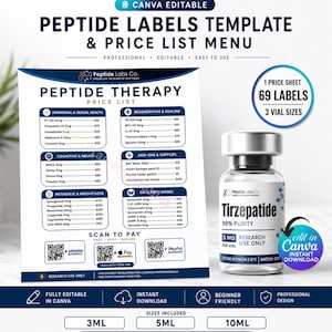 May include: A product image featuring a price list menu and a vial of Tirzepatide. The price list includes various peptides for hormonal, cognitive, metabolic, and anti-aging applications. The vial is labeled with the product name, purity, and dosage. The image also includes Canva editing and instant download options.