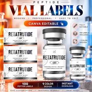 May include: A digital template for peptide vial labels featuring the text RETATRUTIDE 10MG. The design includes two glass vials with black caps and three rectangular label layouts. Text includes INJECTABLE PEPTIDE, 99% PURITY, and FOR RESEARCH USE ONLY.