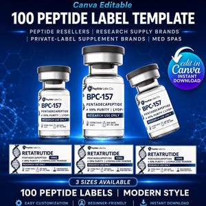 Op de afbeelding: Een digitale sjablonenset voor 100 peptide-etiketten met drie glazen flesjes met zilveren doppen en witte etiketten met de tekst BPC-157 en Retatrutide. De afbeelding bevat tekst zoals Peptide Labs Co., 99% Purity en Research Use Only op een blauwe achtergrond.